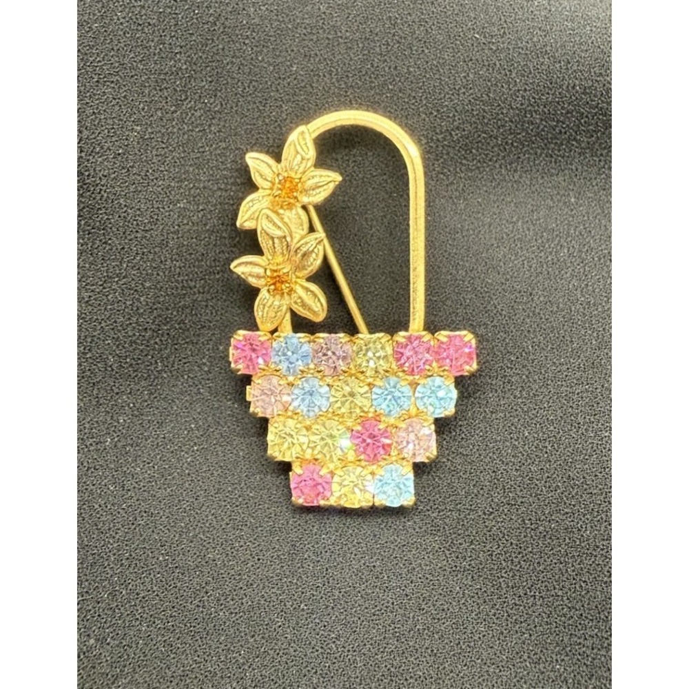 Vintage Brooch- Goldtone Pastel/ Multicolor Rhinestone‎ Floral Flower Basket Pin